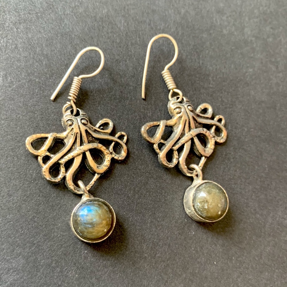 Silver Octopus Earrings with labradorite Stone